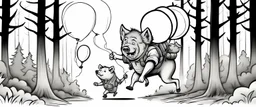 wolf with balloon in forest carrying a scared pig general up into the air, stupid cartoon, airbrush and pen outline