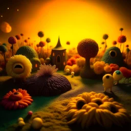 Detailed creepy landscape made of felt, naïve, vintage, sun, splops, volumetric light, giant flowers, hot things, Tim Burton, strong texture, orero dream, extreme detail, Max Ernst, decal, rich moody colors, sparkles, Harry Potter, bokeh, odd