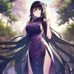 Clear focus,High resolution, Black long fluffy hair, and purple eyes, wearing a chinese dress, cute