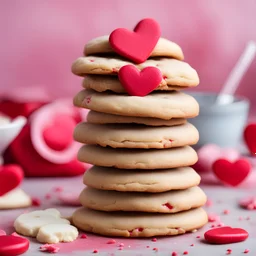 A stack of Valentine's Day cookies with red icing on with background