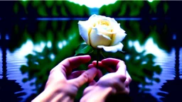 a young woman's and man's hand together holds a bunch of white rose , in the blur background a lake, some green trees, ultra detailed, sharp focus, perfect anatomy, perfect hands with fingers, perfect photo