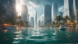 Climate emergency. A flooded modern city submerged under rising sea levels. Skyscrapers stand in the water, while streets, sidewalks and lower buildings are completely flooded. Boats navigate roads where cars once drove, and people wade through deep water. Beautiful award-winning photograph, inspiring, rule of thirds, balanced delightful composition, perfect lighting, superb detail, 16k render