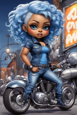 airbrush illustration of the chibi cartoon character, a voluptuous black female in a blue jean outfit with biker boots. Her prominent makeup and hazel eyes, along with her detailed platinum blonde pixie haircut, are featured in this image, set against the background of a lively bike show.