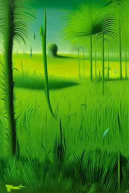 A lime green savanna with tall grass painted by Max Ernst