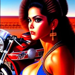 portrait of busty beautiful 'Female Rider on Akira Bike(1988)',painting by Earl Norem, simon Bisley, evan lee, 86-86, oil on canvas, cinematic composition, extreme detail,fit full head inside picture,8k