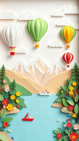 Paper-cut landscape scene featuring hot air balloons, mountains, and a lake. Colorful, layered paper cutouts create a 4-dimensional effect. Hot air balloons in various pastel colors, including white green, and red yellow, float against a light-sky . Mountains with snow-capped peaks form a backdrop. A calm lake stretches across the foreground, with small boats and a larger vessel on the water. Various paper-cut flowers, plants, and leafy foliage are placed around