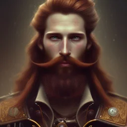 portrait of a rugged steampunk pirate, 3 0 years old, male, handsome, masculine, red hair, long hair, long beard, soft hair, fantasy, intricate, elegant, highly detailed, steampunk, airship, digital painting, artstation, concept art, character art, smooth, sharp focus, illustration, art by artgerm and greg rutkowski and alphonse mucha