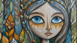 a close up of a painting of a woman's face, naive art, woodland, gray anthropomorphic, elf girl wearing an flower suit, aztec princess portrait, on wood, nika maisuradze, gardening, trending on devian art, childhood, freezing, abstract face, delightful