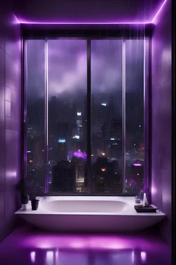 bathroom, purple leds, night, shower, fancy, modern, future, big window overlooking the panem at the night, cosmos, white, black, 2070, vibe, rain, city, not too much lights