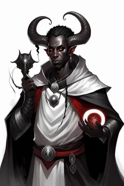 En Young male black skin black hair tiefling Wizard with large horns glowing Silver and White symbols Everywhere on his body. He's wearing silver and White Rope and a silver cloak. His horn a perfectly place on acet from the front to the back pointing upwards with glowing Red cat Eyes. His close is elegant get simple his horns Are Same size.