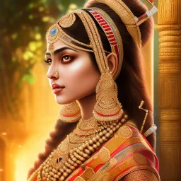 qmiling indian princess in a sari, dark skin, in a temple, perfect composition, hyperrealistic, super detailed, 8k, high quality, intricate details, highly detailed