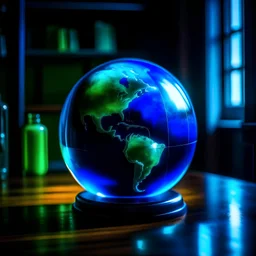 an earth globe looking like a crystal ball on a cushion in a dark room, dark green and blue colors, fantasy atmosphere, photo quality