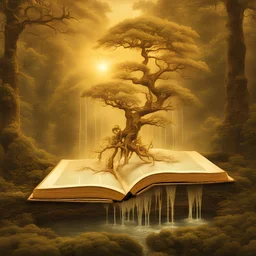 Surreal image of an open book with water pouring out of it, wet and soggy dripping pages, perched on a swirling golden sun, stairs made of water, swirling forest of trees, vintage tintype style, surrealism, mind bending, thought provoking, art by James Christensen and Salvador Dali, prompt by McKay, magical forest setting, collage, mixed media, ornate, hyper detailed, whimsical, intricate, fabulous, fantastical, magical, masterpiece painting, highly detailed, captivating, enchanting, intense, sc