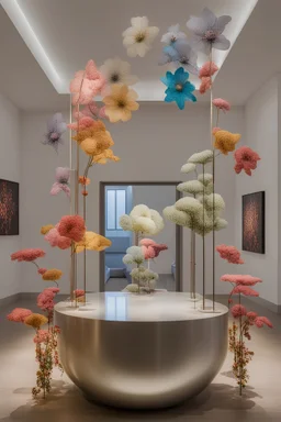 room displaying modern abstract flowers sculptures in a modern fairy tale ambience