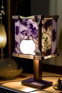 table lamp influence by kimono traditional japanese fashion, retro-modern style design, high detail line, white and purple colour, organic form