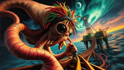 master oil painting by Rembrandt, roller coaster hypno psycho alien squid with rasta wig breast feeding with some bad ass power off shore oil platform cyber punk people experiencing gravity at its worst, pin hole cam, twisted perspective, goa trance music poster, awake within a psychedelic mushroom dream, with some motion blur background, and hyper depth perception layout