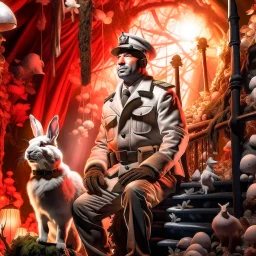 Broadway portrait of Eskimo macho gestapo army officer on a ladder inside glowing mushroom grove with huge fluffy space rabbit, 4 k, down-light, soft light, depth of field, photo realism, trending on art station, high detail, spray paint