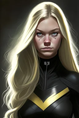 Young Woman with long blonde hair and black eyes and wearing a black superhero uniform