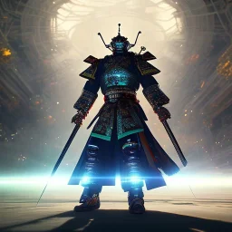 A portrait of a crystalised robot samurai with yakuza tatu, atmospheric, realistic, unreal engine cosmic galactic, cinematic lighting, octane render, cosmic ambiance, masterpiece, art by Yoji Shinkawa, composing fit inside, masterpiece