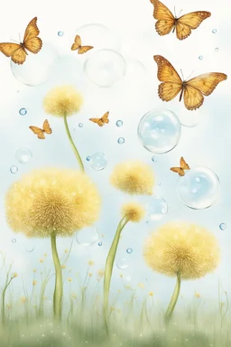 Butterflies and bubbles going up to the sky through a field of dandelions