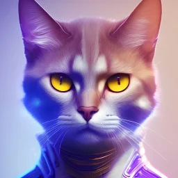 A beautiful portrait of a cute cyberpunk cat by sandra chevrier and, greg rutkowski and wlop, purple blue color scheme, high key lighting, volumetric light, digital art, highly detailed, fine detail, intricate, ornate, complex, octane render, unreal engine, photorealistic