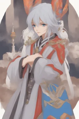 Orical wearing grey robes with white hair and blue eyes