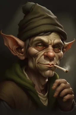 portrait of a young goblin man with a flat wool cap smoking a pipe
