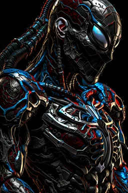 Fhoto body angle wide Raw, terminator Spiderman in venom armour, Warhol, digital art, illustration, intricate details, powerful composition, captivating, , trending on artstation, sharp focus, studio photo, intricate details, highly detailed, by addie_digi