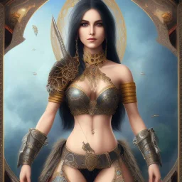 arab girl warrior sexy black hair deep cleavage ornate metal armour peacock feathers