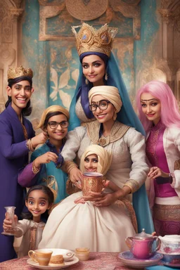 One day, Queen Batool was having a good time with her special team that was called "The Tea Council". Her team included: - Rayouf, the brave princess and the leader of the tribe - A talented writer who writes amazing stories - A real Barbie doll that talks and moves - Jim Carrey, the star of comedy and satire - Donald Trump, the former US president and the controversial figure They met in a spacious room decorated with large windows that allow sunlight to enter, bright colors, green plants, mode