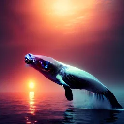 Whales in the sky, high key lighting, volumetric light high details, octane render, redshift render, ambient lighting, sunset