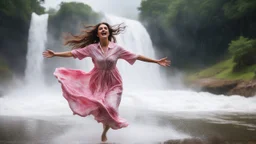 Hyper Realistic Photographic Close Shot Of A Beautiful Pashto Woman With Long Brown Wet Hair Wearing A White And Pink Tie-And-Dye Dress, Happily Jumping On A River Water And Enjoying Rain With A Beautiful Waterfall And Cloudy Weather At Heavy Rainfall Showing Dramatic And Cinematic Ambiance.