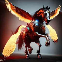  horse with black wings spewing flames from its mouth, steampunk, unreal 5, octane render, cinema4d, dynamic lighting, dramatic lighting, 4k, redshift render, highly detailed, hyper realistic