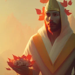 nasus portrait , detailed hands, at dawn by atey ghailan, golden light , white robe, holding leaves and flowers , angels background, volumetric light, high detail, red leaf tree, mountains in background, perfect