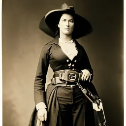 sepia photo of female western outlaw wearing holster and gunbelt around her waist and bandolier across chest, 1800s, 8k, high-quality, ultra-fine detail, Brian Froud, Howard Lyon, Alfredo Rodriguez, Jack Sorenson, G. Harvey, Annie Stokes, Lilyan Tashman, Lousie Klement, Greg Rutowski