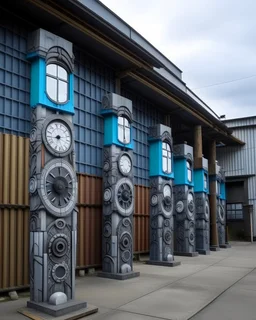 A gray factory with iron clocks designed in pacific Northwest totem poles painted by Zosan