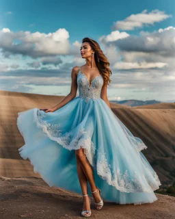 full-body closeup shot of a young, beautiful girl with a perfect face and makeup,wearing pretty dance dress standing in a stage in open air nice hills , blue sky ,pretty clouds at distant