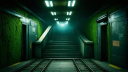 GAME CONCEPT ART .two poin perspective.Station platform and stairs .Inside the old subway tracks, . Low light and closed green moss walls. Like the original design of the game space ,digital art.landscape,far camera old painting,2 Chen and George Hopper, Rembrandt lighting, a dark green color scheme, ethereal light. --ar 13:16 --v 6. 0 metro game