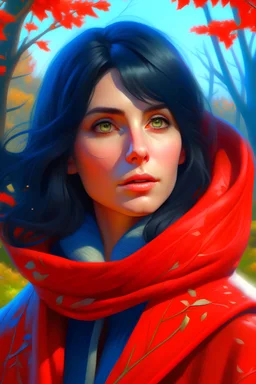 a pale woman with a highly detailed beautiful face, meticulously detailed multi-hued black hair and a red winrer coat and scarf pine trees in the background, digital painting, artstation, art by Lisa Frank, artgerm, Greg Rutkowski, William-Adolphe Bouguereau, renaissance, Unreal Engine 5