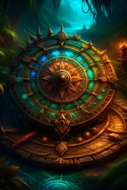 Digital art illustration of the ancient compass of guidance, a card with intricate detailing and ancient symbols, designed to guide players and provide them with the ability to rearrange piles on the game board, allowing complete control over the game strategy. the illustration will capture the essence of adventure and mystery, with a touch of fantasy, using vibrant colors and digital painting techniques.