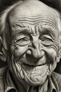 drawing, portrait, old, old, wrinkles, features, smiling, white, lead, charcoal,drawing with pencil