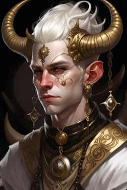 A young tiefling man with a set of ram horns on his head encrusted with jewels, White-Blonde, short hair, black eyes, dressed in white and gold with lots of jewelry, beautiful