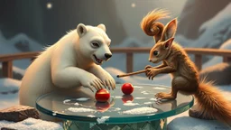 ice bear squirrel gremlin playing land hockey on glass table on ceres