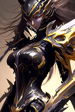 a woman with a sword in her hand, 2. 5 d cgi anime fantasy artwork, ghostblade, black and golden armor, of a beautiful saryn warframe, intricate assasin mecha armor, black armor, sharp black armor, dark warrior, cgsociety 9, anime fantasy artwork, of a beautiful female warframe, detailed warframe fanart