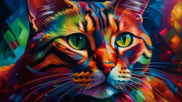 Develop a dynamic and energetic painting of a cat surrounded by a kaleidoscope of colors and abstract shapes, shot on a Fujifilm X-T4, 50mm lens, f/2.0 aperture, in the soft light of dusk, drawing inspiration from impressionist techniques.