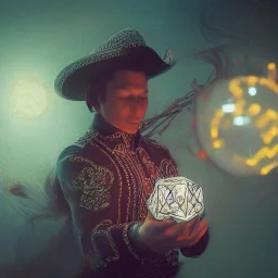 Insanely detailed photograph of an “male mariachi holding glowing D20” with intricate detailed Sombrero, intricate charo, hyperdetailed painting by Ismail Inceoglu Huang Guangjian and Dan Witz CGSociety ZBrush Central fantasy art album cover art,8K, hdr, mysterious, flickeringlights ,Stoic