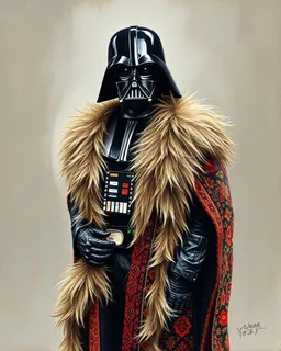 miniature painting of darth vader in persian rug fur as a fashion model, vogue, --ar 3:4