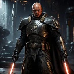 star wars bald male corellian pilot wearing pearlescent black and gunmetal grey First Order special forces heavy assault stealth commando armor and helmet with gold trim inside the jedi temple, hyperdetailed, dynamic lighting, hyperdetailed background, 8k resolution, volumetric lighting, light skin, fully symmetric details