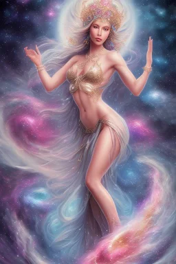 Create an image of a full body cosmic Goddess. The goddess should be depicted as a beautiful and powerful figure, surrounded by cosmic stars. Her hair should be long, blond and flowing, and she should be dressed in a flowing gown blue celestial robe. In the background, include imagery of pink flowers, blue sky,trees. The image should evoke a sense of joy, celebration, and spiritual connection to nature.