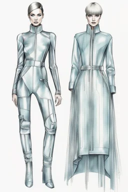 fashion illustration, draw sketches, overall from silver threads, microchip fashion, dress of the future, sci-fi dress